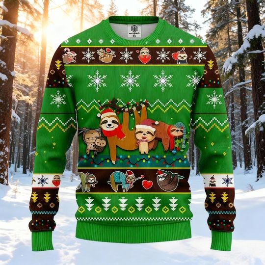 Funny Sloth Christmas Sweater, Cute Lazy Animal Holiday Crewneck, Green Ugly Xmas Party Top, Animal Lover Gift, Slow Down Xmas Shirt