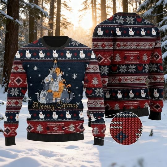 Discover Meowy Catmas Christmas Sweater, Cat Tree Stack Holiday Crewneck, Cat Lover Ugly Xmas Party, Funny Pet Owner Gift, Kitty Fair Isle Top