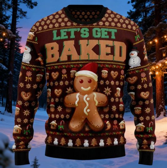 Discover Funny Gingerbread Man Sweater, Let's Get Baked Holiday Top, Naughty Christmas Crewneck, Adult Humor Xmas Gift, Brown Ugly Christmas Party