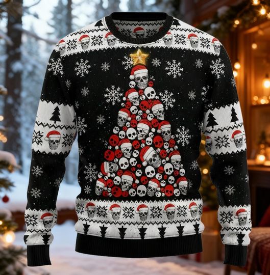 Discover Gothic Skull Christmas Tree Ugly Sweater, Black Red Holiday Sweatshirt, Metal Head Xmas Party Sweater, Edgy Spooky Fan Gift