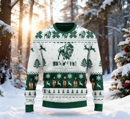 Buffalo Whiskey Ugly Christmas Sweater, Bison Bourbon Holiday Sweatshirt, Craft Brew Fan Gift, Green White Alcohol Party Sweater
