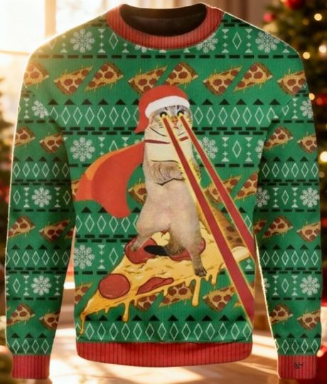 Discover Laser Eye Cat Ugly Christmas Sweater, Pizza Slice Meme Sweatshirt, Space Kitty Xmas Food Gift, Funny Holiday Party Sweater