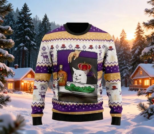 Royal Cat Ugly Christmas Sweater, Woman Yelling at Cat Meme Sweatshirt, Funny Holiday Party Sweater, Viral Social Media Xmas Gift
