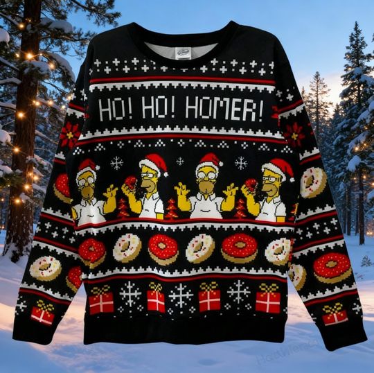 Discover Hey! Hey! Homer! Cartoon Xmas Sweater, Yellow Animated Guy Ugly Christmas Sweatshirt, Funny Donut Holiday Sweater, TV Show Fan Gift