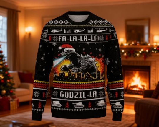 Discover Kaiju City Attack Ugly Christmas Sweater, Giant Monster Godzill Fa-La-La-La-La Holiday Sweatshirt, Atomic Breath Fan Gift, Movie Sweatshirt