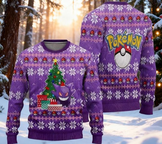 Purple Pocket Monster Ugly Christmas Sweater, Ghost Type Character Jumper, Catching Ball Holiday Gift for Gamer, Anime Fan Sweatshirt