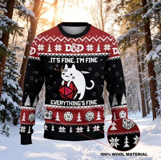 It's Fine D20 Cat Ugly Christmas Sweater, Funny TTRPG Dice Jumper, Dungeon Master Gift for Geek, Everything's Fine Holiday Shirt