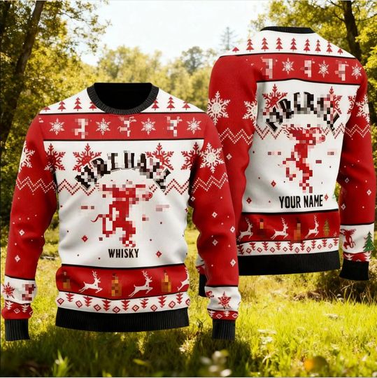 Discover Cinnamon Whiskey Ugly Christmas Sweater, Spicy Demon Jumper, Red Hot Alcohol Holiday Gift, Fire Whiskey Party Sweatshirt, Personalized Name
