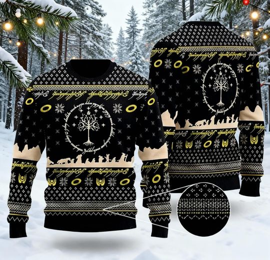 Discover One Ring To Rule Them All Ugly Christmas Sweater, Fantasy Magic Jumper, Elvish Script Holiday Gift, Dwarf Wizard Sweatshirt for Fans