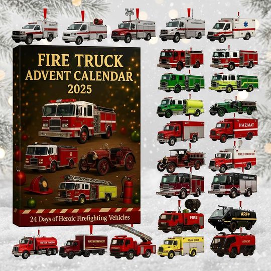 Discover Fire Truck 24 Acrylic Ornaments Advent Calendar 2025, Heroic Firefighter Vehicle Set, Emergency Rescue Christmas Countdown Gift