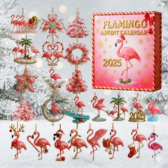 Discover Flamingo 24 Acrylic Ornaments Advent Calendar 2025, Pink Tropical Christmas Dcor Set, Festive Flamingo Countdown Gift Box