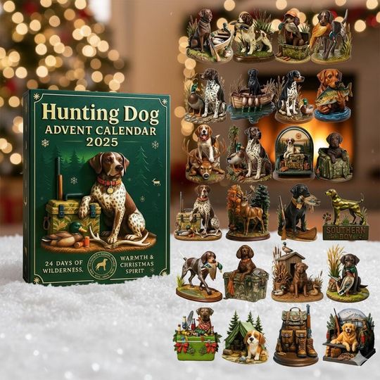 Discover Hunting Dog Advent Calendar 2025 Acrylic Christmas Ornament Set, 24 Miniature Canine Figures, Rustic Country Holiday Gift for Men Hunters