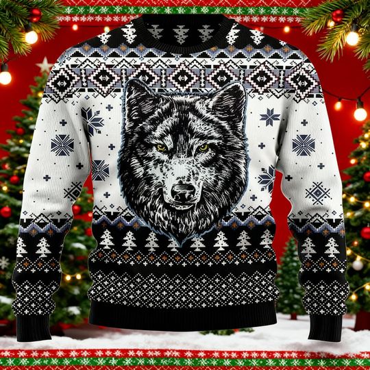 Ugly Christmas Sweater, Retro Howling Wolf Sweater, Wolf Shirt, Grunge Animal Graphic, Funny Ugly Christmas Sweater, Holiday Sweatshirt