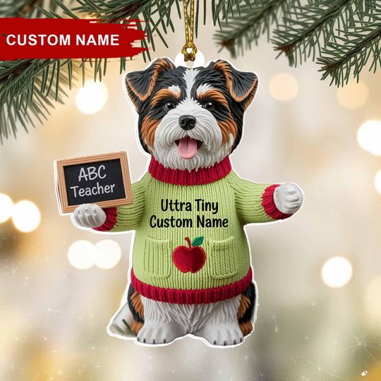 Discover Dog Teacher Christmas Ornament 2025 | Tree Hanging Decor, Custom Ornament with Cute Puppy & Apple Sweater | Gift for Teachers Dog Lovers