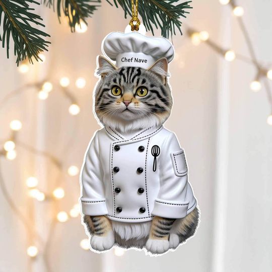 Discover Chef Cat Christmas Ornament 2025 | Tree Hanging Decor, Flat 2D Acrylic Custom Ornament with Cat in Chef Outfit | Gift for Cat Lovers Foodies