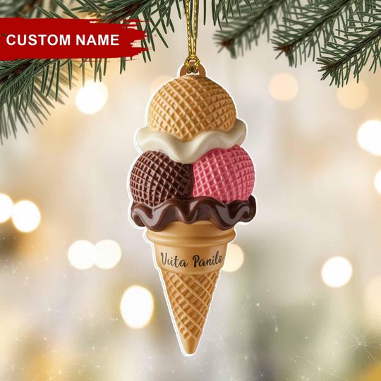Discover Ice Cream Christmas Ornament 2025 | Tree Hanging Decor, Flat 2D Acrylic with Triple Scoop Cone Design | Gift for Ice Cream Lovers & Foodies