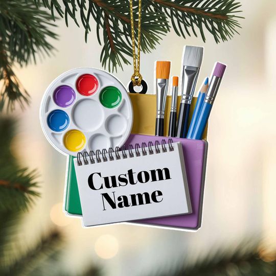 Discover Art Supplies Christmas Ornament, Tree Hanging Decor, Custom Ornament with Paint Palette, Brushes & Notebook Gift for Artists Students