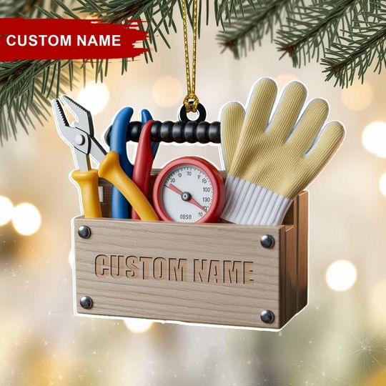 Discover Toolbox Christmas Ornament, Tree Hanging Decor, Custom Ornament with Wood Box Tools & Gloves, Gift for Handymen, Mechanics DIY Lovers