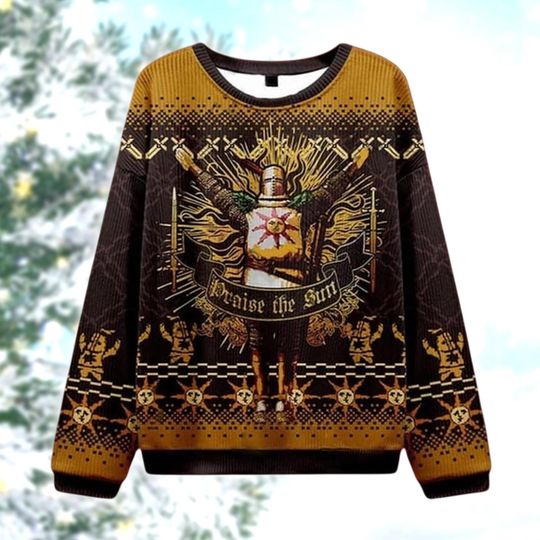 Praise the Sun Christmas Sweater, Medieval Knight Gamer Jumper, Funny Geeky Holiday Pullover, Unique Xmas Gift for Him Her