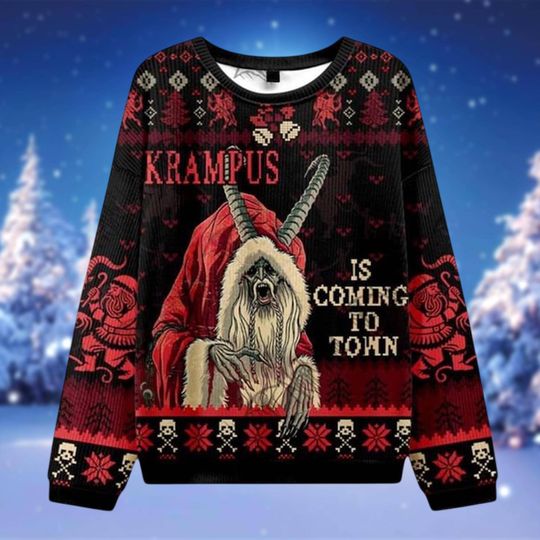 Krampus Christmas Sweater, Horror Santa Gothic Holiday Jumper, Funny Creepy Xmas Pullover, Scary Dark Christmas Gift for Him Her