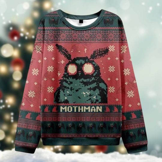 Discover Mothman Christmas Sweater, Funny Cryptid Holiday Jumper, Weird Moth Monster Xmas Pullover, Unique Gift for Him or Her, All Over Print
