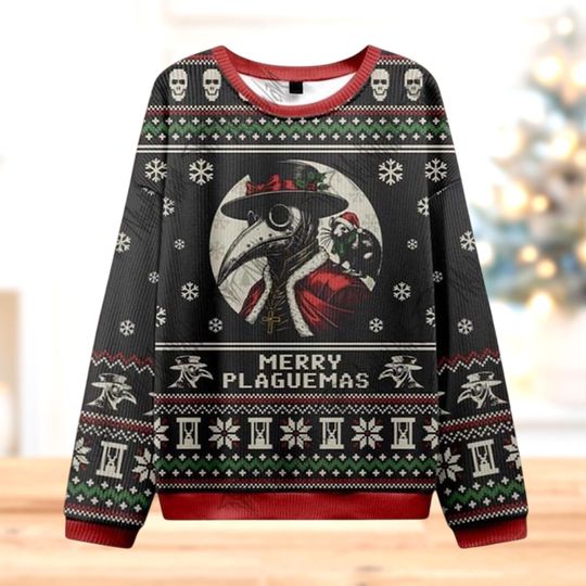 Discover Plague Doctor Christmas Sweater, Gothic Merry Plaguemas Jumper, Funny Dark Holiday Pullover, Creepy Xmas Gift for Him or Her