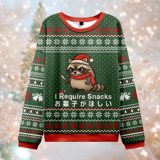 I Require Snacks Ugly Christmas Sweater, Funny Raccoon Jumper, Trash Panda Xmas Gift, Japanese Snack Crewneck, Unique Animal Meme