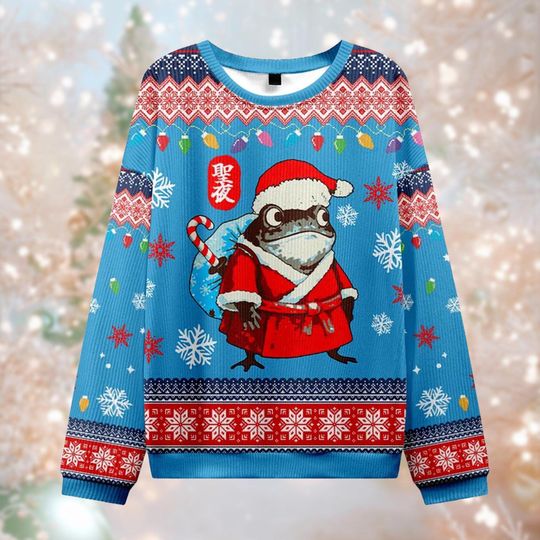 Funny Santa Frog Ugly Christmas Sweater, Japanese Style Toad Jumper, Pixel Art Xmas Gift, Weird Core Crewneck, Unique Frog Lover