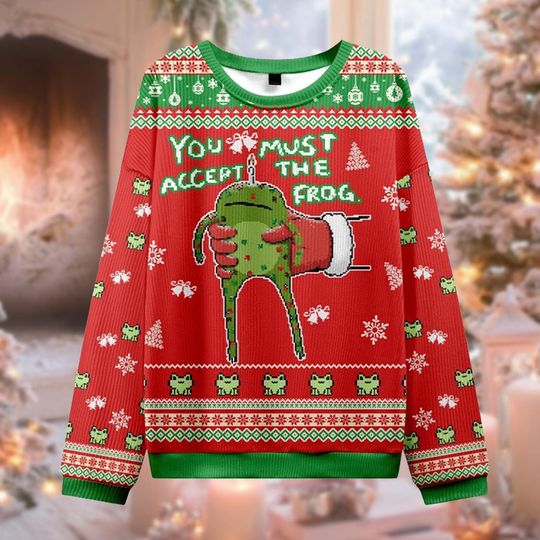 Discover You Must Accept The Frog Ugly Christmas Sweater, Funny Meme Jumper, Pixel Art Xmas Gift, Weird Core Crewneck, Funny Frog Lover