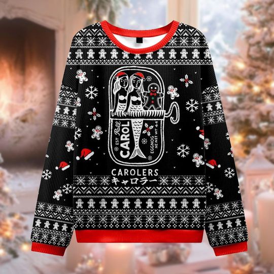 Funny Mermaid Carolers Ugly Christmas Sweater, Gingerbread Man Jumper, Pirate Holiday Gift, Unique Sea Xmas Sweatshirt, Foodie Joke