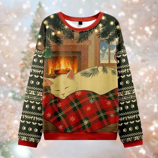 Sleeping Cat Ugly Christmas Sweater, Cozy Fireplace Kitty Jumper, Plaid Pet Lover Gift, Warm Winter Crewneck, Cat Mom Sweatshirt