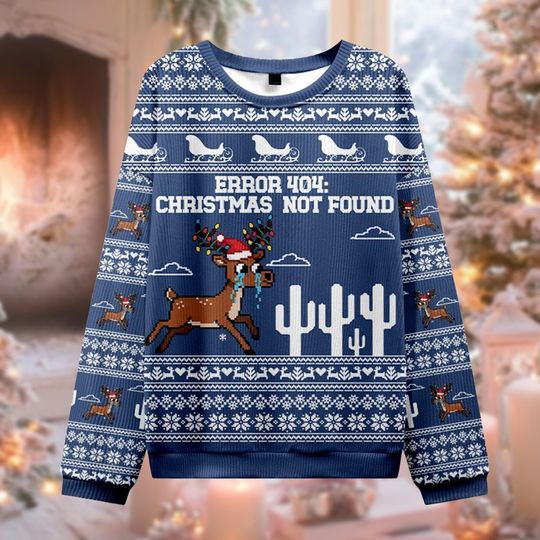 Error 404 Ugly Christmas Sweater, Funny Tech Holiday Jumper, Programmer Xmas Gift, Christmas Not Found Sweatshirt, Pixel Art Nerd