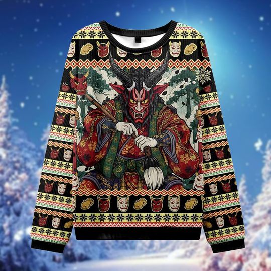 Discover Japanese Oni Devil Ugly Christmas Sweater, Demon Tengu Mask Jumper, Harajuku Style Xmas Gift, Gothic Anime Fan Sweatshirt, Unique Art