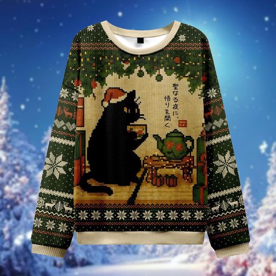 Black Cat Ugly Christmas Sweater, Japanese Style Kitty Jumper, Zen Tea Xmas Gift, Pixel Art Pet Lover Sweatshirt, Cute Cat Mom