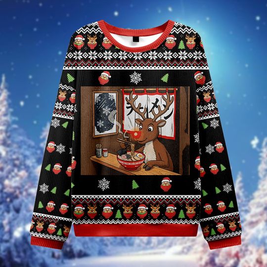 Reindeer Ramen Ugly Christmas Sweater, Japanese Food Xmas Jumper, Funny Noodle Holiday Gift, Rudolph Fan Crewneck, Foodie Sweatshirt