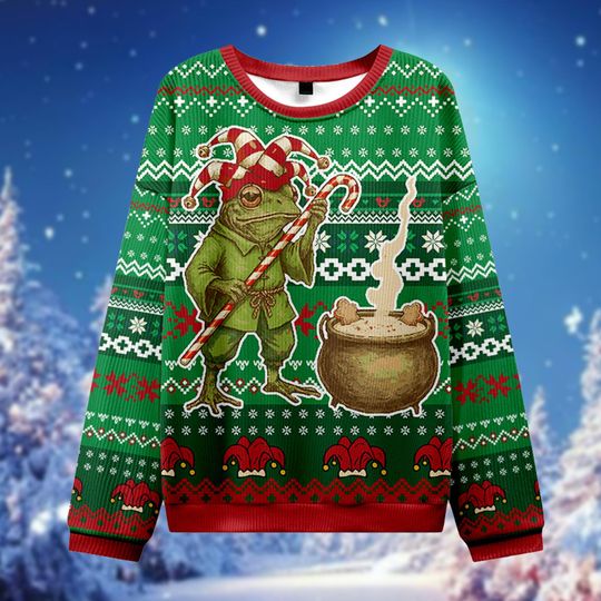 Funny Frog Jester Ugly Christmas Sweater, Toad Holiday Jumper, Medieval Core Xmas Gift, Weird Core Party Sweatshirt, Fantasy Frog