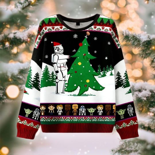 Discover Ugly Sci-Fi Fan Christmas Sweater, Trooper Decorating Tree Jumper, Funny Holiday Party Gift, Galactic Character Knit, Xmas Crewneck Top