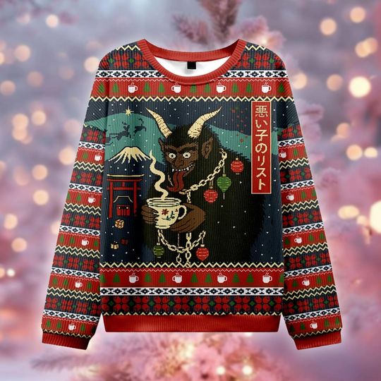 Krampus Coffee Ugly Christmas Sweater, Japanese Style Xmas Jumper, Funny Holiday Demon Gift, Bad Boy List Sweatshirt, Dark Humor