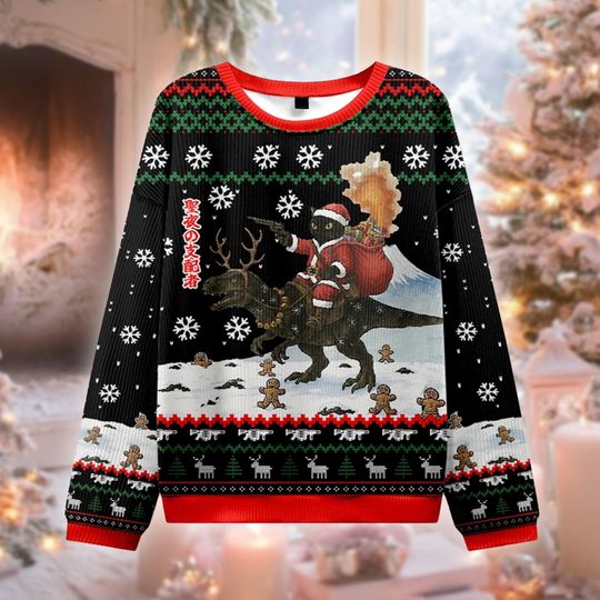 Discover Cat Santa Riding T-Rex Ugly Christmas Sweater, Japanese Ukiyo-e Xmas Jumper, Funny Dinosaur Holiday Gift, Anime Style Sweatshirt