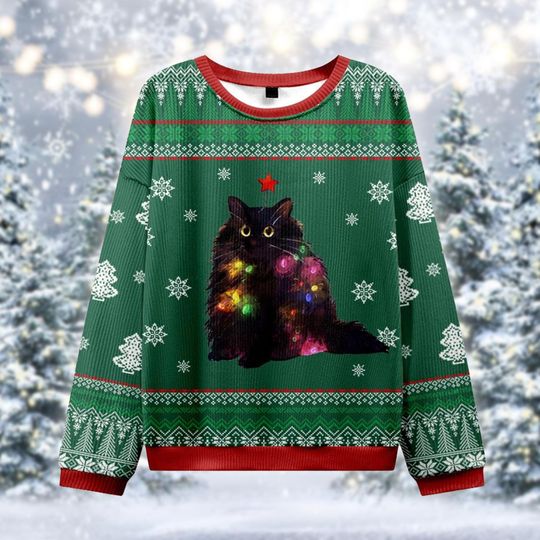 Black Cat Christmas Tree Sweater, Ugly Christmas Light Jumper, Funny Cat Lover Holiday Gift, Cute Fluffy Kitty Sweatshirt, Cat Mom