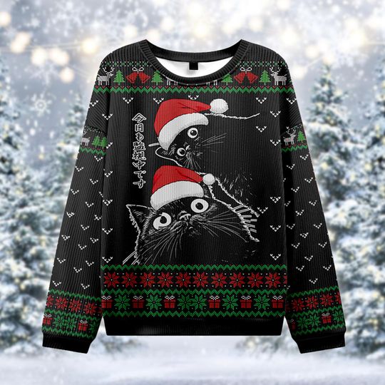 Discover Two Black Cats Ugly Christmas Sweater, Japanese Style Xmas Jumper, Santa Hat Cat Lover Gift, Gothic Holiday Sweatshirt, Kawaii Cat