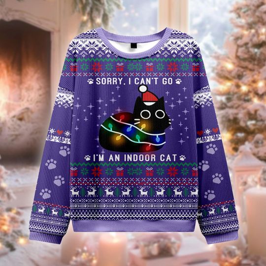 Discover Indoor Cat Ugly Christmas Sweater, Funny Introvert Jumper, Cat Lover Holiday Gift, Anti Social Xmas Sweatshirt, Cute Black Cat