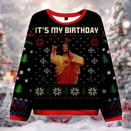 Discover It's My Birthday Biblical Figure Ugly Christmas Sweater, Funny Religious Xmas Gift, Savior Party Hat Sweatshirt, Holiday Outfit