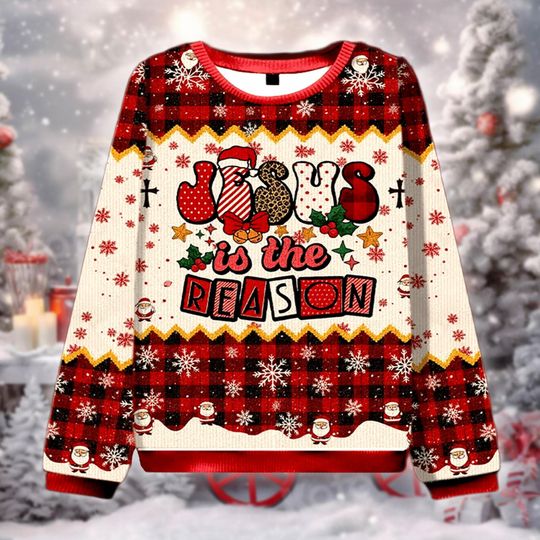 Biblical Figure Is The Reason Buffalo Plaid Ugly Christmas Sweater, Religious Xmas Gift, Christian Holiday Outfit, Secret Santa