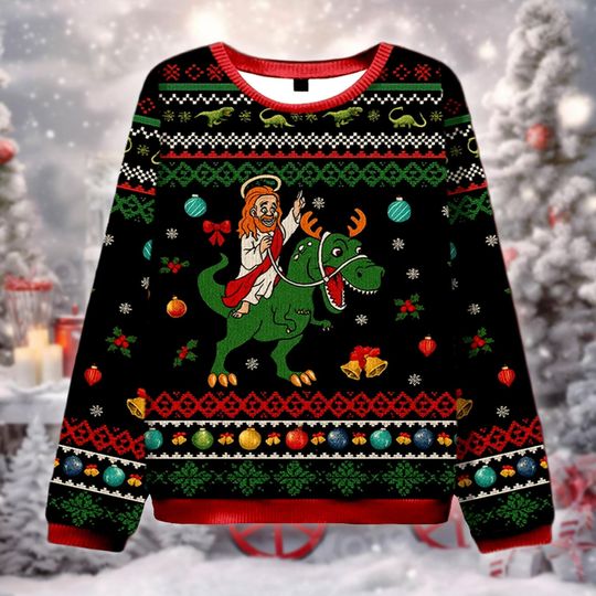 Discover Funny Biblical Figure Riding Dinosaur Ugly Christmas Sweater, Humor Xmas Gift, T-Rex Savior Sweatshirt, Religious Holiday Outfit