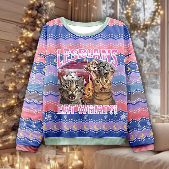 Discover Funny Lesbians Eat What? Cat Meme Ugly Christmas Sweater, Humor Xmas Gift, Cat Lover Holiday Sweatshirt, Secret Santa Joke