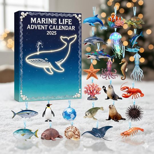 Marine Life Advent Calendar 2025, Ocean Animal Ornaments Box, Sea Creature Christmas Countdown Gift for Nature Lovers