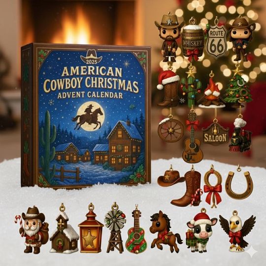 Discover American Cowboy Christmas Advent Calendar 2025, 24 Western Ornaments Box, Rustic Holiday Countdown Gift for Country Lovers