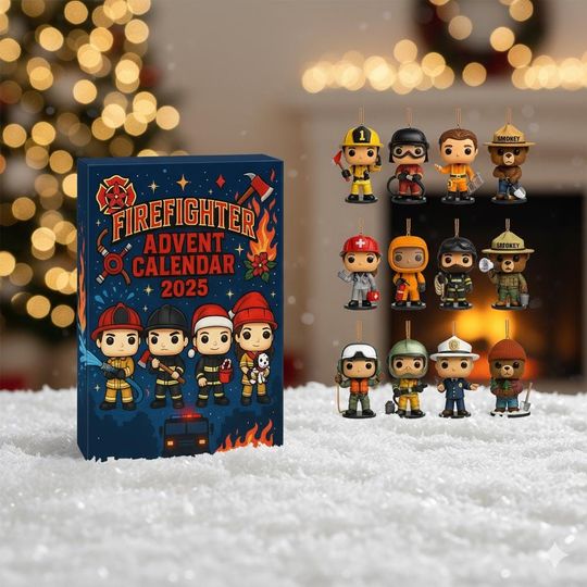 Discover 2025 Firefighter Advent Calendar, Flat 2D Acrylic Ornament Set with Firemen and Rescue Crew, Tree Hanging Decor Gift for Heroes