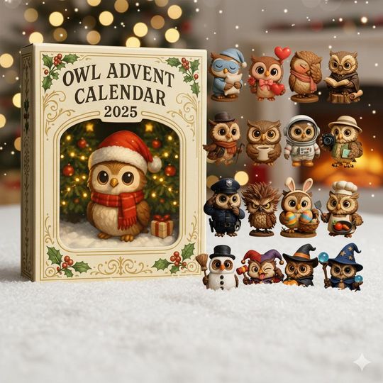 Discover 2025 Owl Advent Calendar, Flat 2D Acrylic Christmas Ornament Set Featuring Cute Owls in Festive Costumes, Tree Hanging Decor Gift
